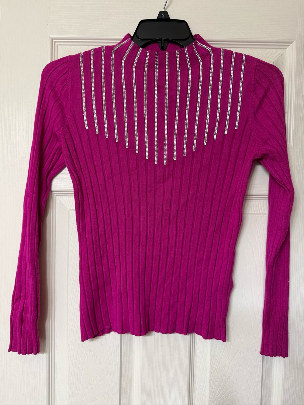 Fuchsia Ribbed Long-Sleeve Top with Rhinestone Detail